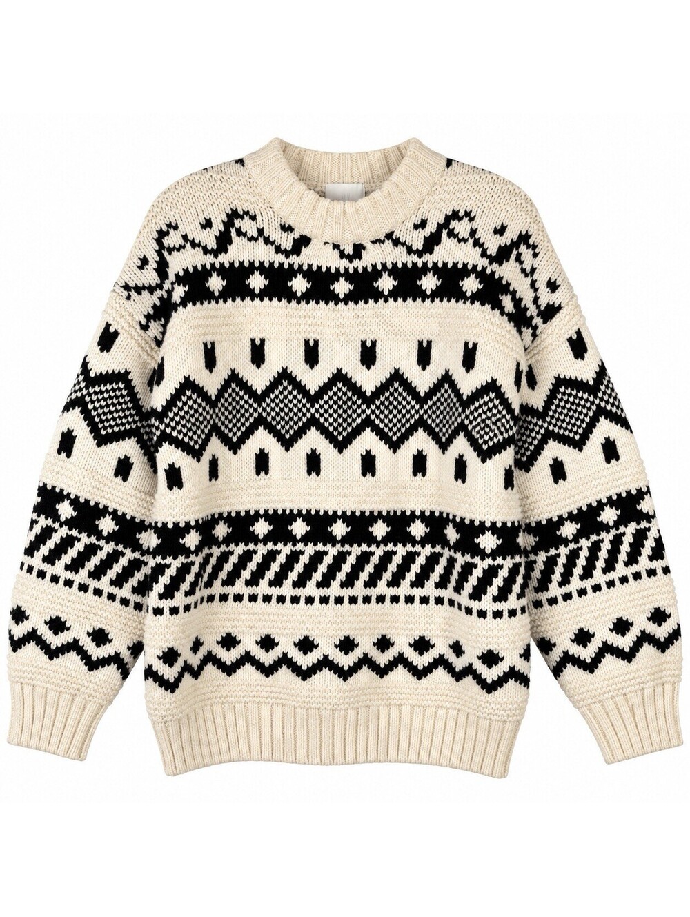 H&M Womens M Chunky Fair Isle Sweater Cream Black Nordic Oversized Knit